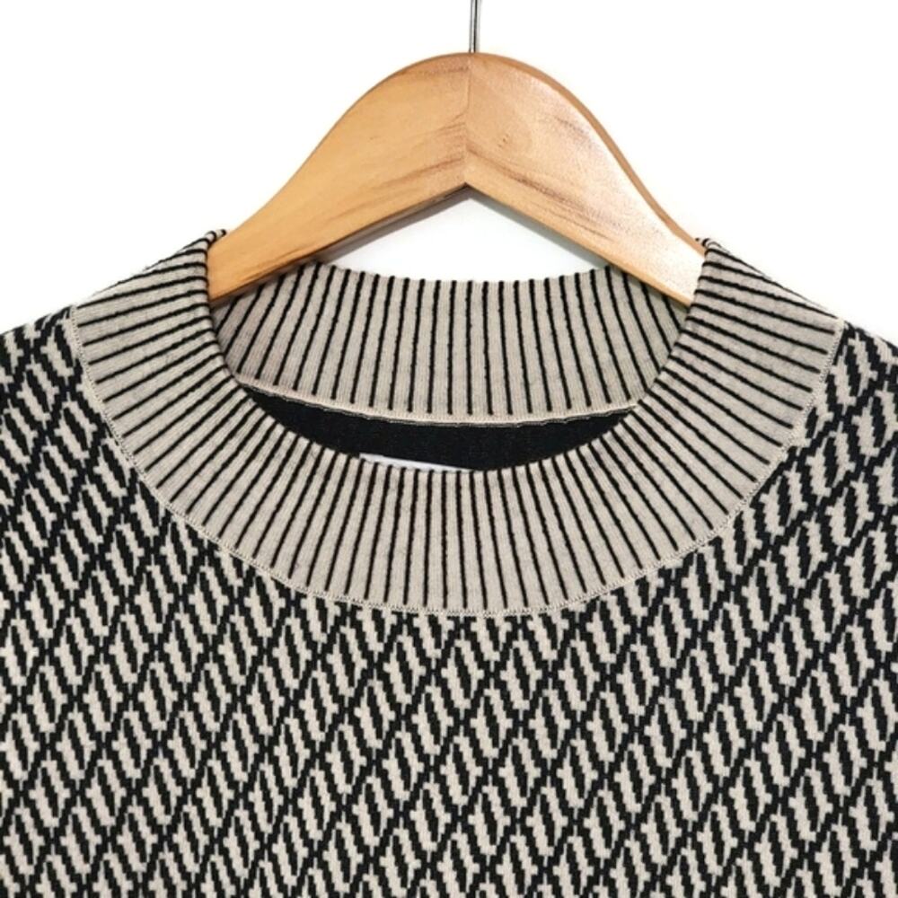Tanya Taylor Geometric Knit Virgin Wool Sweater Round Neck Black White L Modern - Picture 3 of 13